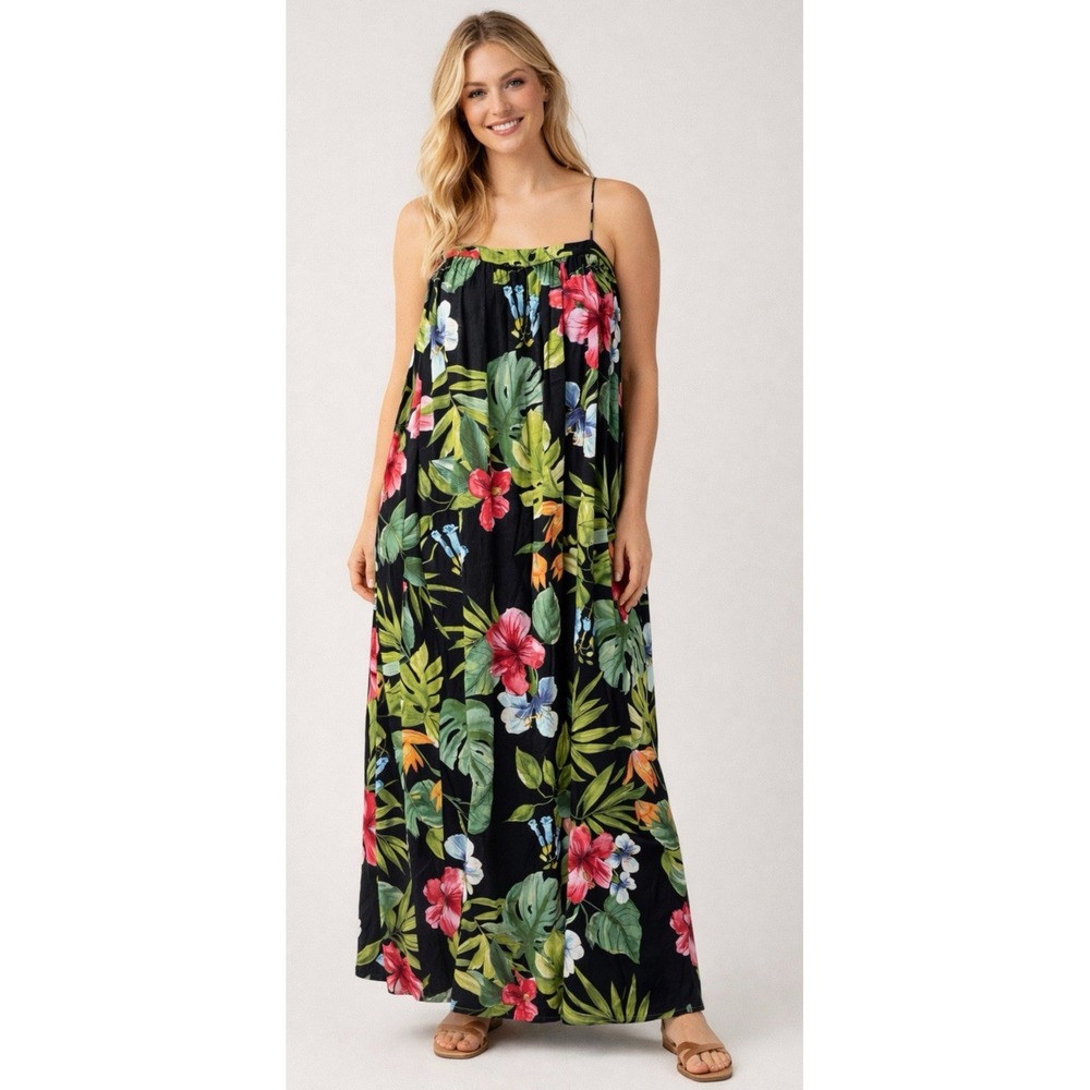MNG Mango Maxi Shift Dress Women's S Black Tropical Floral Sleeveless Vacation